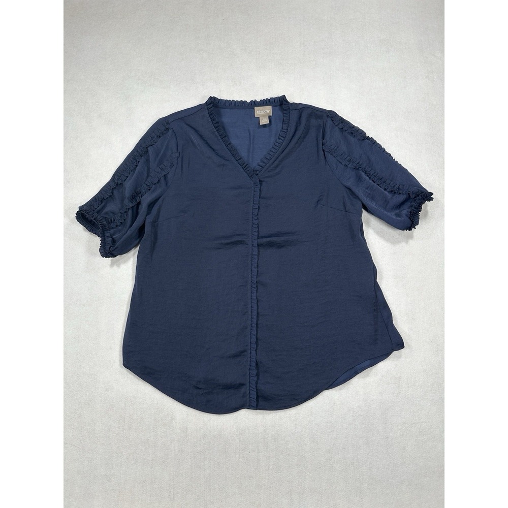 Chico's Womens Size 0 Navy Blue V Neck Blouse‎ 3/4 Sleeve Boho Ruffle Accent Top